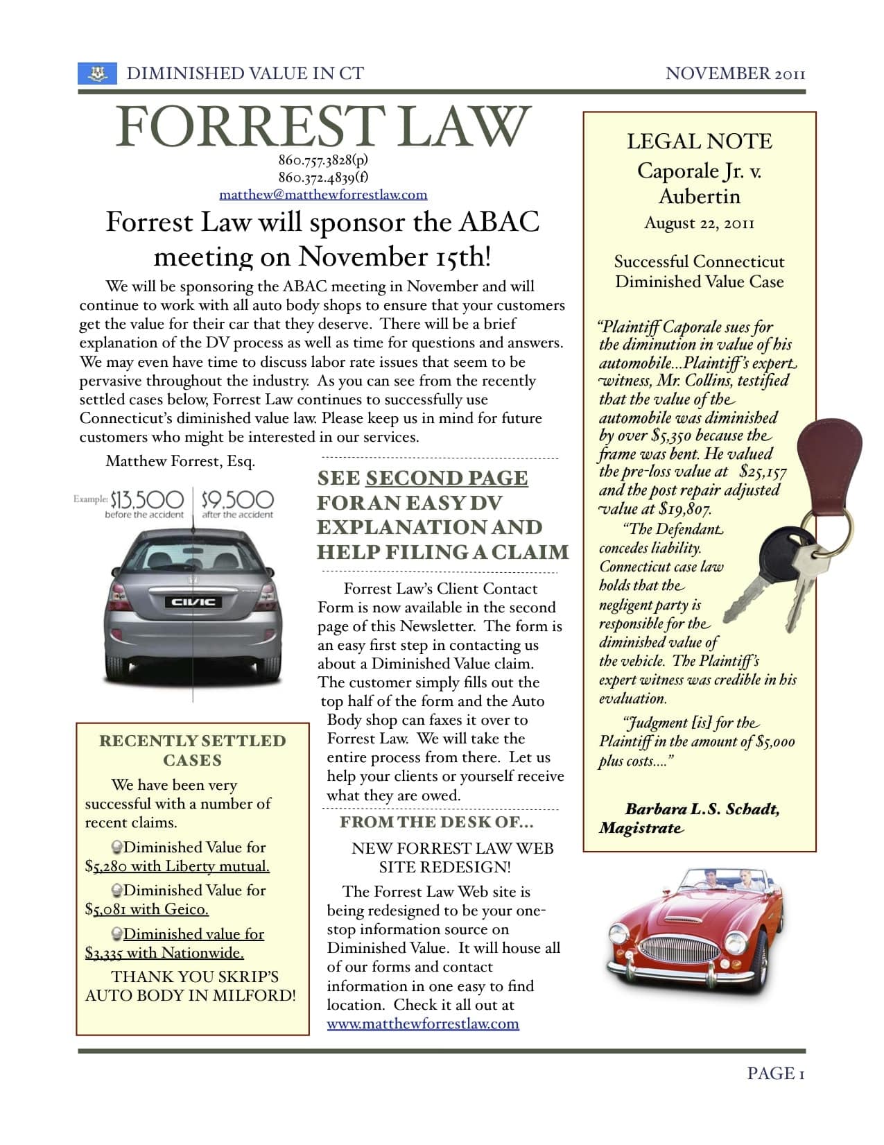 A little more about Diminished Value in Connecticut from the Forrest law Newsletter