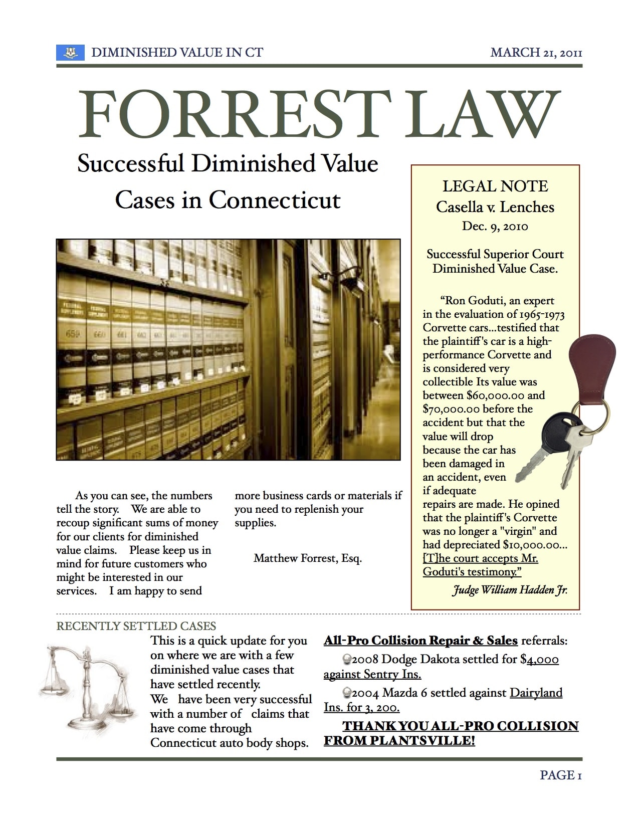 Forrest Law Newsletter Updates About Successful Diminished Value Claims in Connecticut