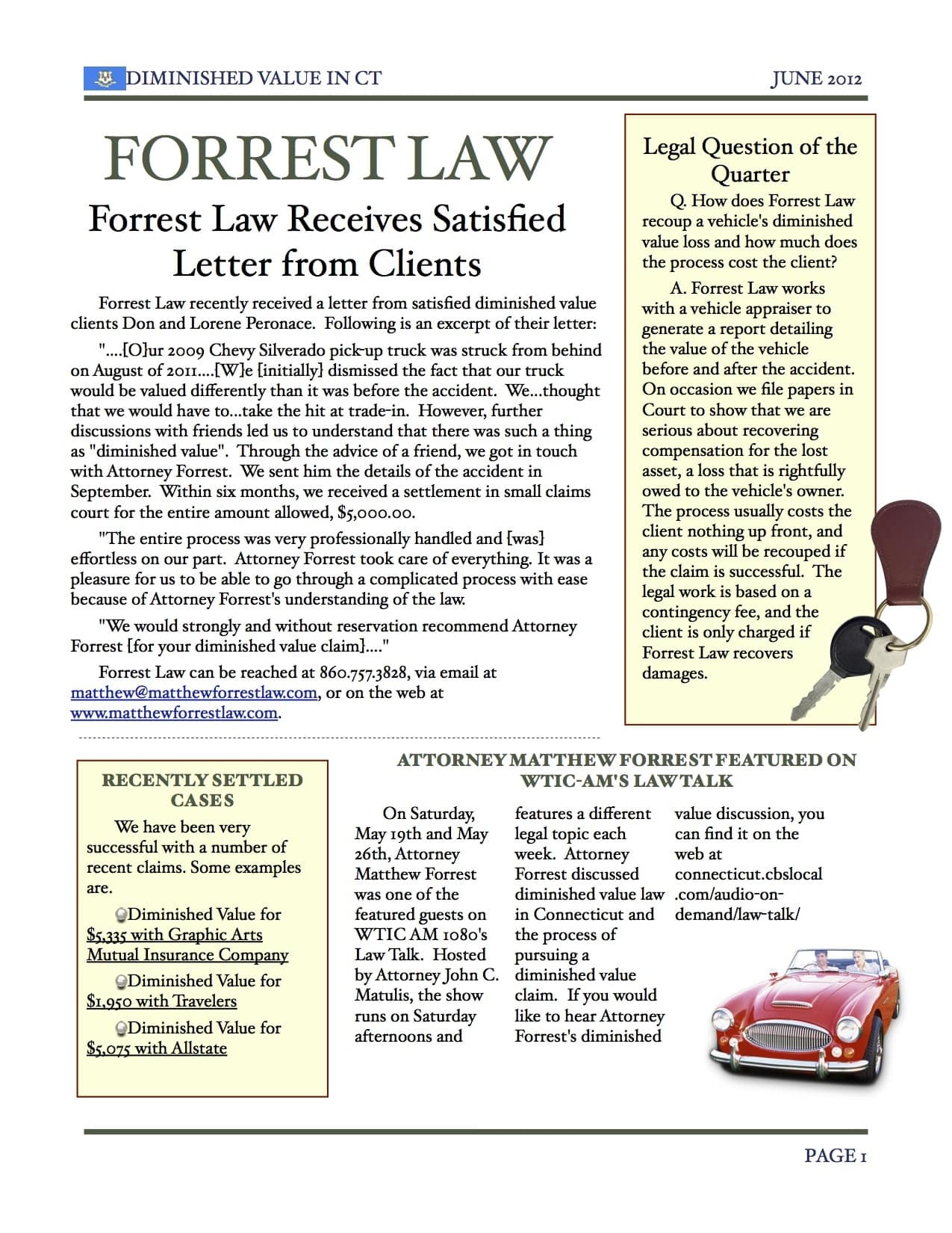 Forrest Law Diminished Value Newsletter Highlights Law Talk and Client’s Story